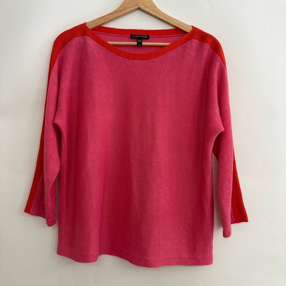 Eileen Fisher Organic Linen Pink and Red Sweater 3/4 Sleeves - Picture 2 of 6